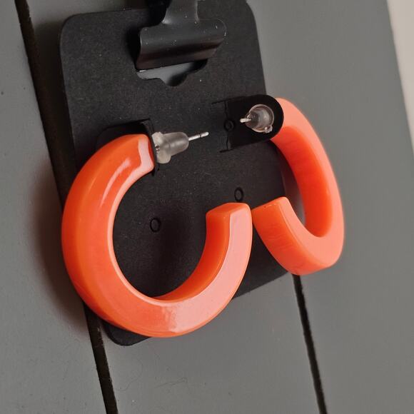 Orange Hoop Earrings 1.2" Retro 1980s Neon Chunky Pierced Acrylic Gift Bag Y2K - Picture 3 of 7
